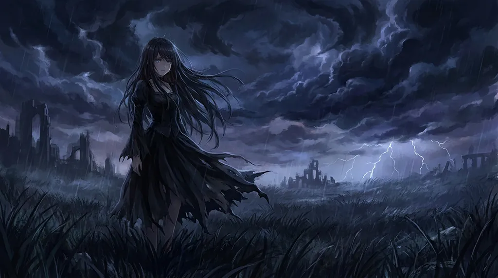 Dark Anime Girl Storm Ruins Wallpaper