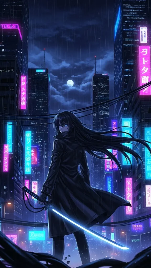 Dark Anime Neon City Phone Wallpaper