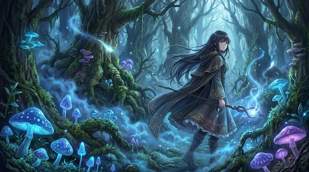 Dark Anime Witch Glowing Mushroom Forest Wallpaper