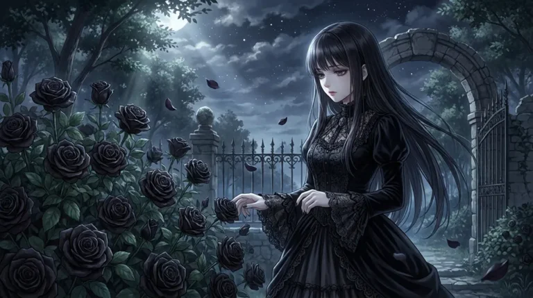 Dark Gothic Anime Girl Black Rose Garden Wallpaper