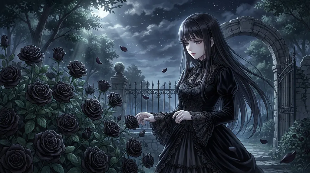 Dark Gothic Anime Girl Black Rose Garden Wallpaper