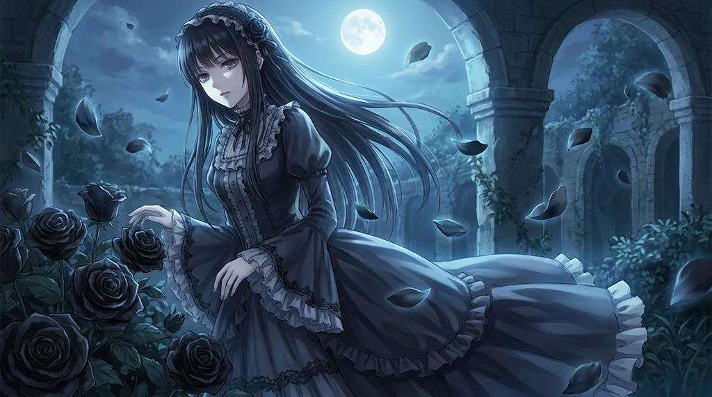 Dark Gothic Anime Girl Moon Rose Wallpaper