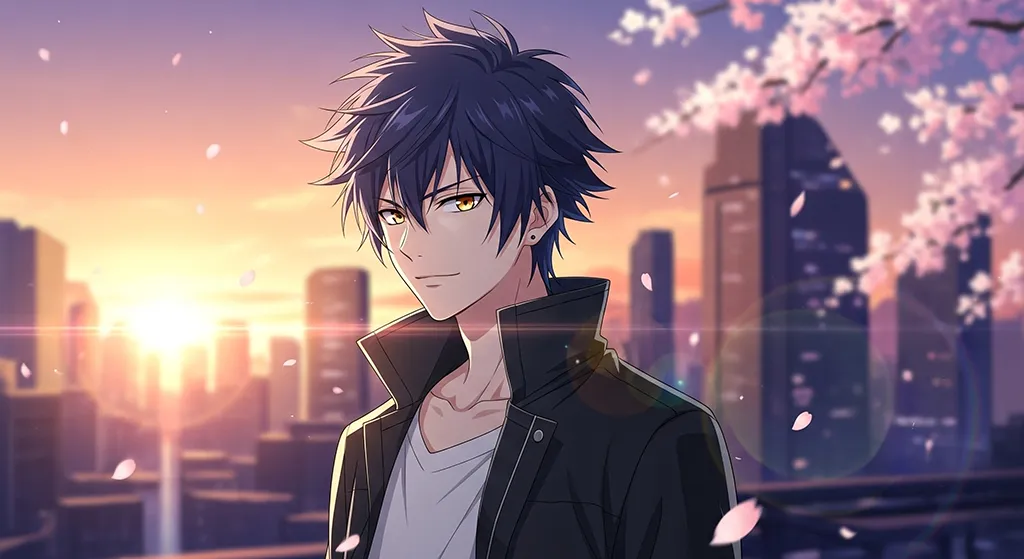 Dark Haired Anime Boy Sunset Sakura Wallpaper