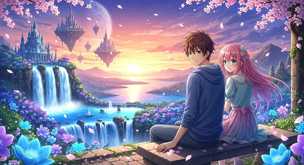 Fantasy Anime Couple Waterfall Romance Wallpaper