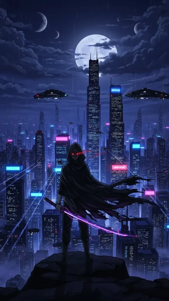 Futuristic Anime City Warrior Phone Wallpaper