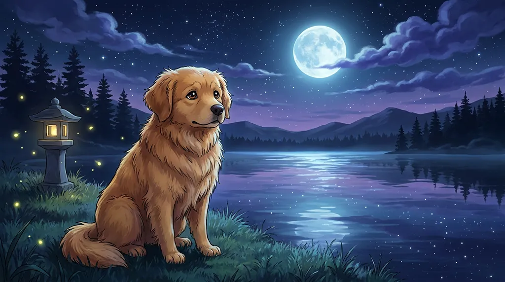 Golden Retriever Moonlit Lake Anime Wallpaper