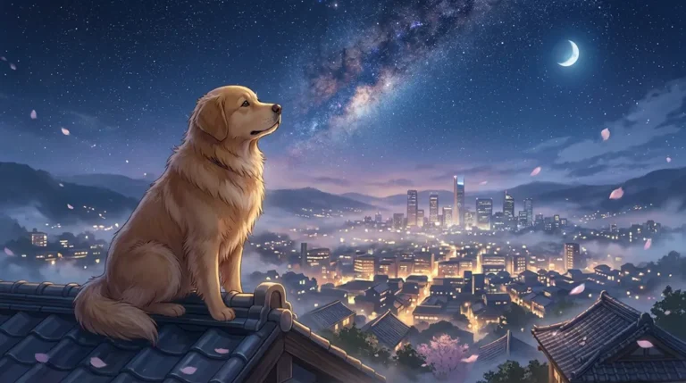 Golden Retriever Under Starry Night Sky Anime Wallpaper