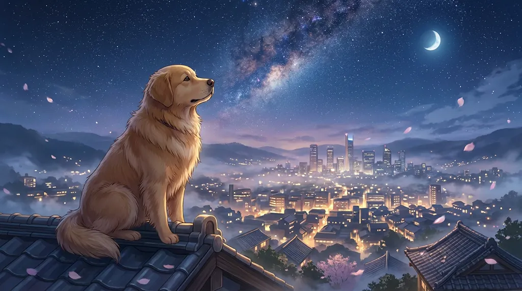 Golden Retriever Under Starry Night Sky Anime Wallpaper
