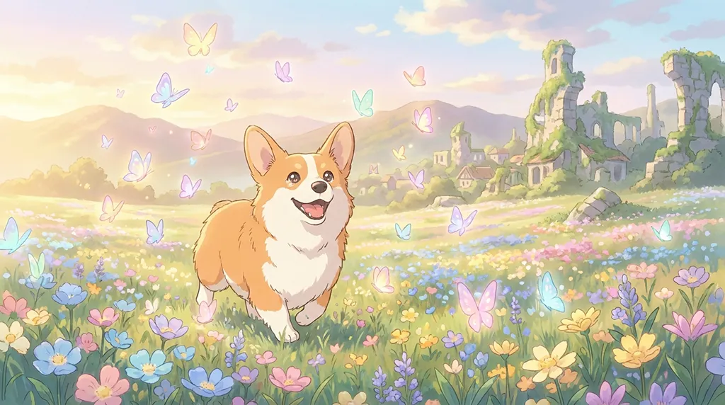 Happy Corgi in Butterfly Flower Field Anime Wallpaper