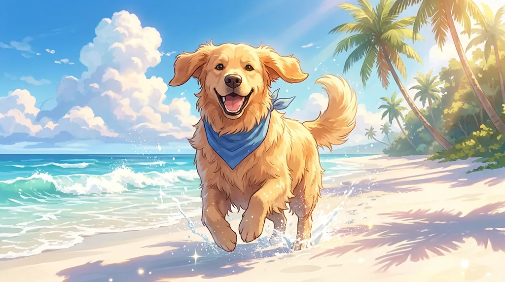 Happy Golden Retriever Beach Anime Wallpaper