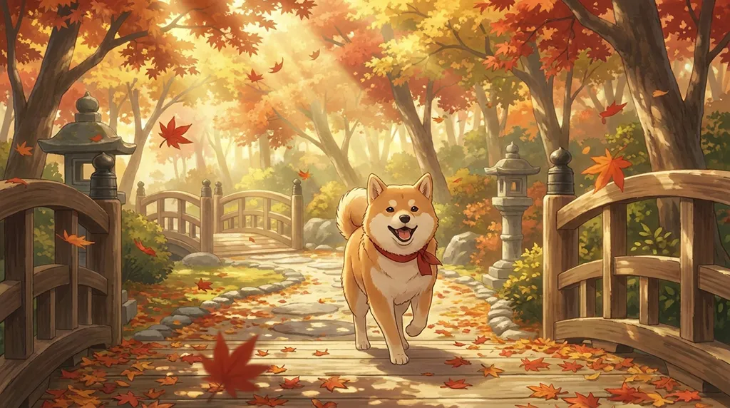 Happy Shiba Inu Autumn Bridge Anime Wallpaper