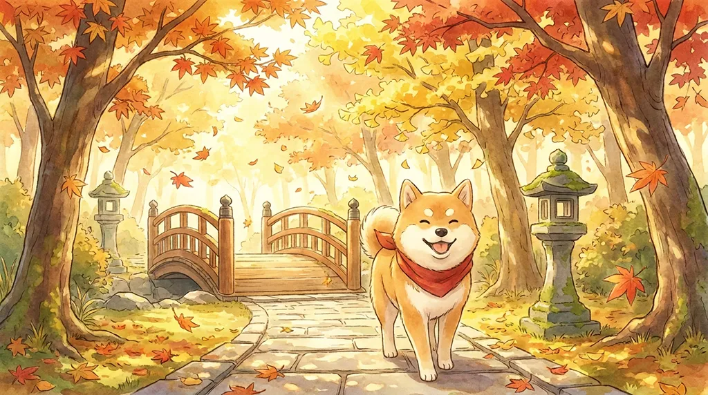 Happy Shiba Inu Autumn Garden Anime Wallpaper