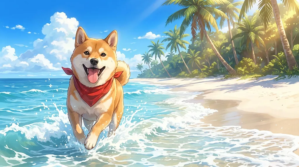 Happy Shiba Inu Tropical Beach Anime Wallpaper