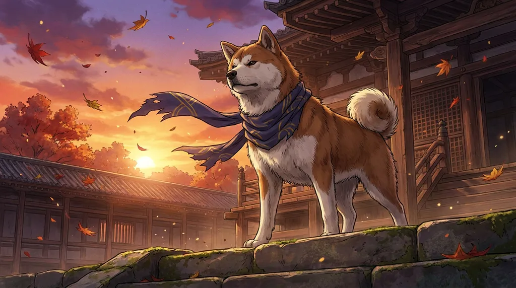 Heroic Shiba Inu Sunset Temple Anime Wallpaper
