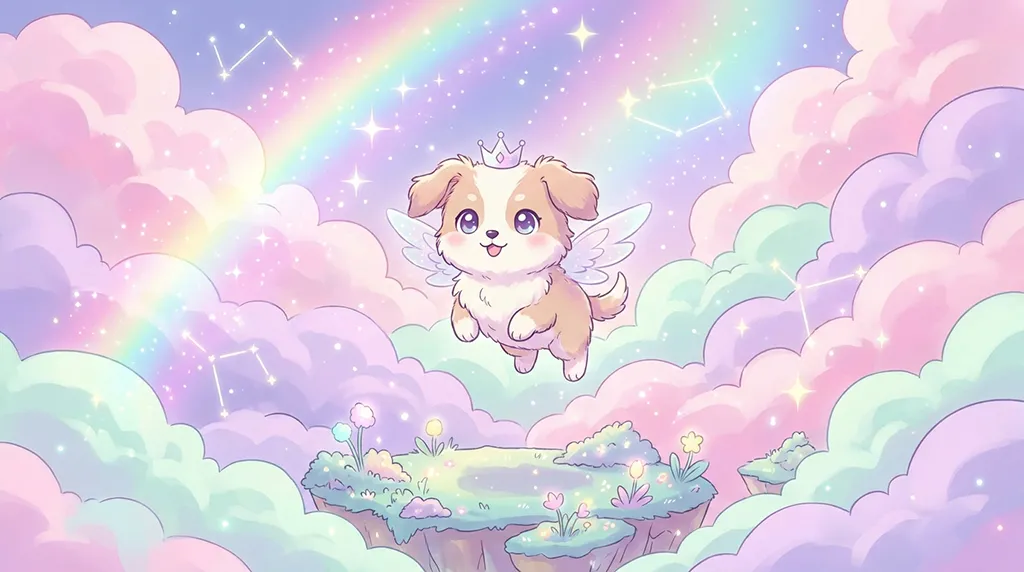 Kawaii Angel Puppy Rainbow Clouds Anime Wallpaper