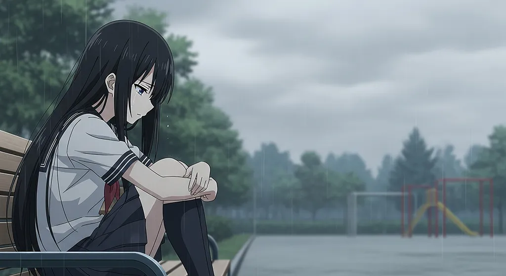 Lonely Anime Schoolgirl in Rainy Park Wallpaper