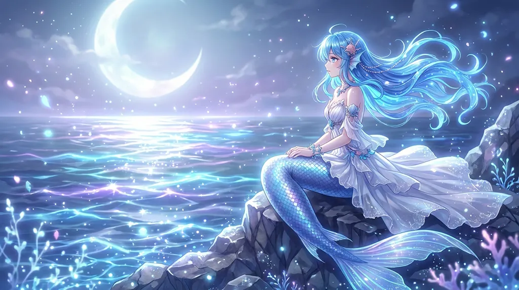 Mermaid Anime Girl Moonlight Ocean Wallpaper