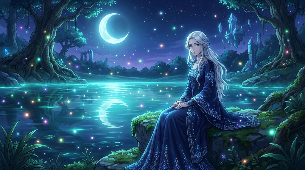 Moonlit Fantasy Anime Girl Lake Wallpaper
