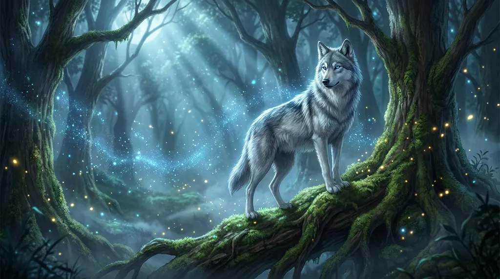Mystic Wolf in Enchanted Forest Anime Wallpaper