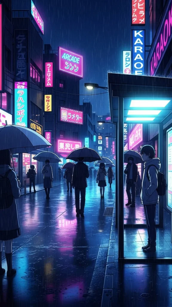 Neon Anime City Rain Wallpaper for Phone