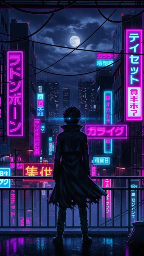 Neon Anime City Street Phone Wallpaper
