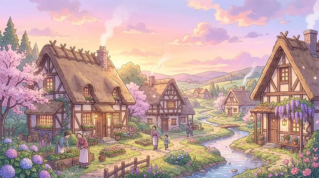 Pastel Anime Cottage Village Sunset Wallpaper