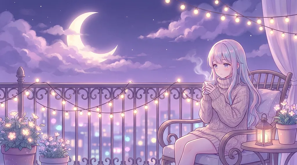 Pastel Anime Girl Moon Balcony Tea Wallpaper