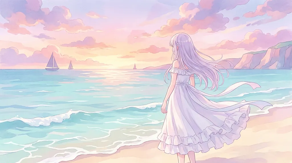 Pastel Anime Girl Ocean Sunset Wallpaper