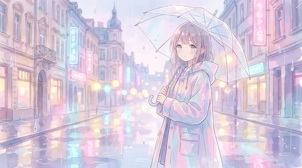Pastel Anime Girl Rainy City Umbrella Wallpaper