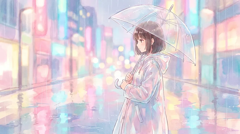 Pastel Anime Girl Rainy Neon City Wallpaper