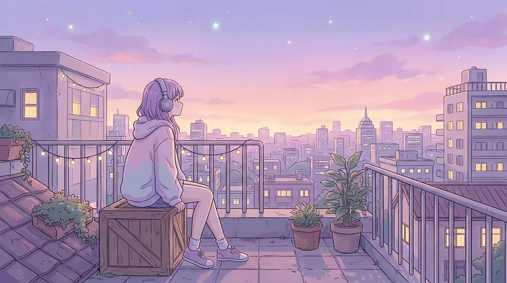 Pastel Anime Girl Rooftop City Sunset Wallpaper