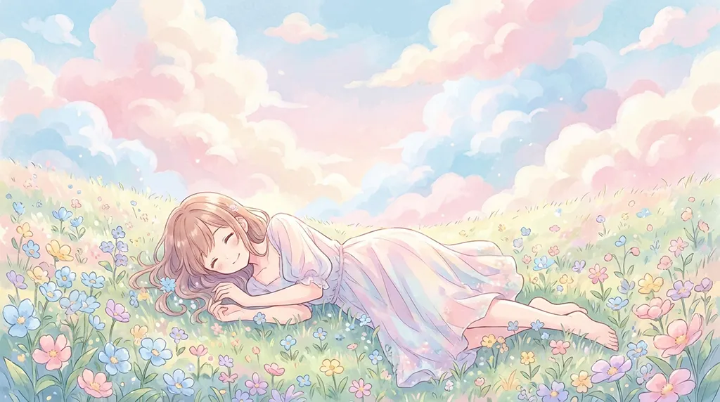 Pastel Anime Girl Sleeping in Flower Field Wallpaper