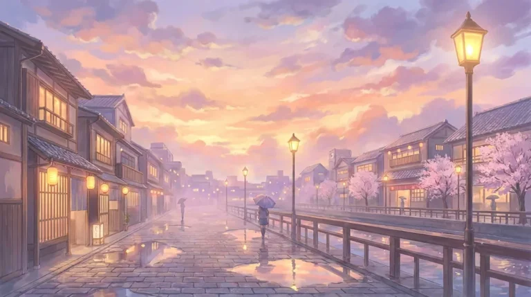 Pastel Anime Rainy Japanese Street Sunset Wallpaper