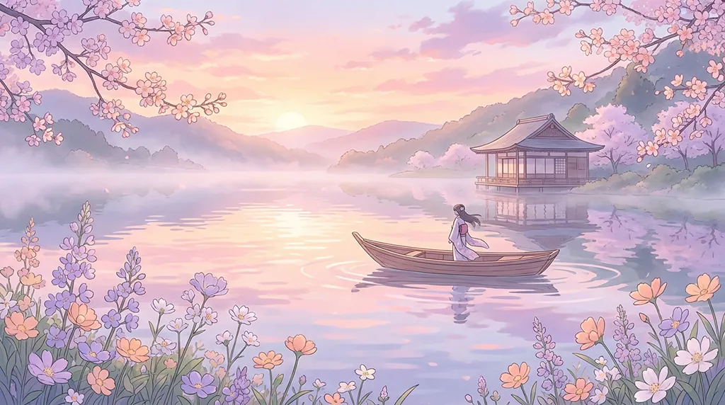 Pastel Anime Sakura Lake Boat Sunset Wallpaper