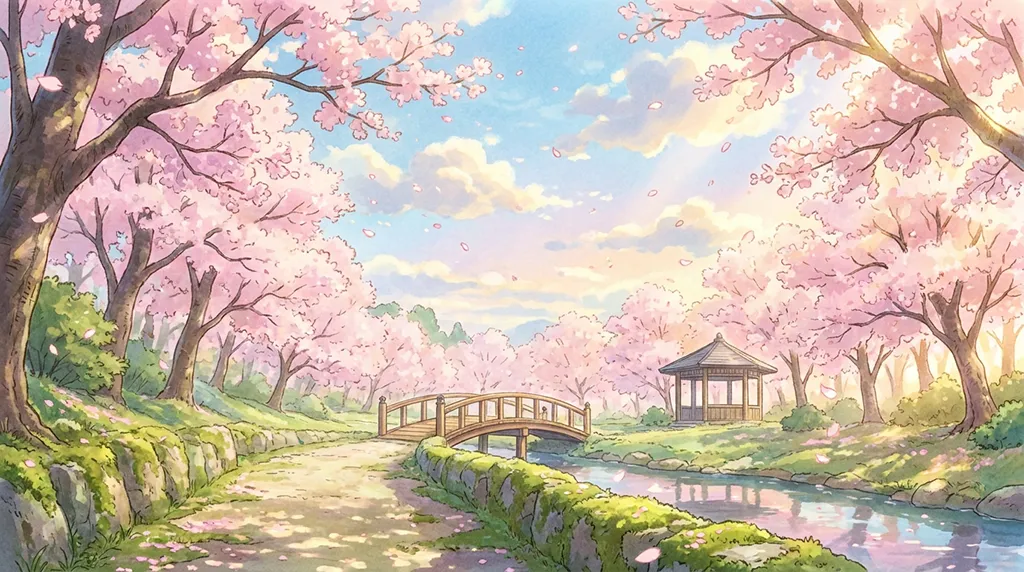 Pastel Anime Sakura Park Bridge Wallpaper
