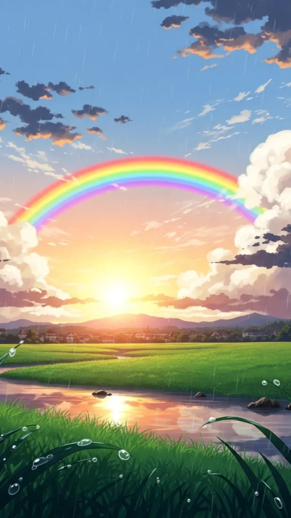 Sunset over green fields with a rainbow and light rain