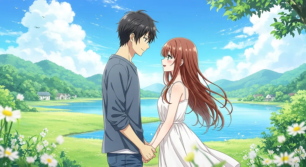 Romantic Anime Couple Lakeside Wallpaper