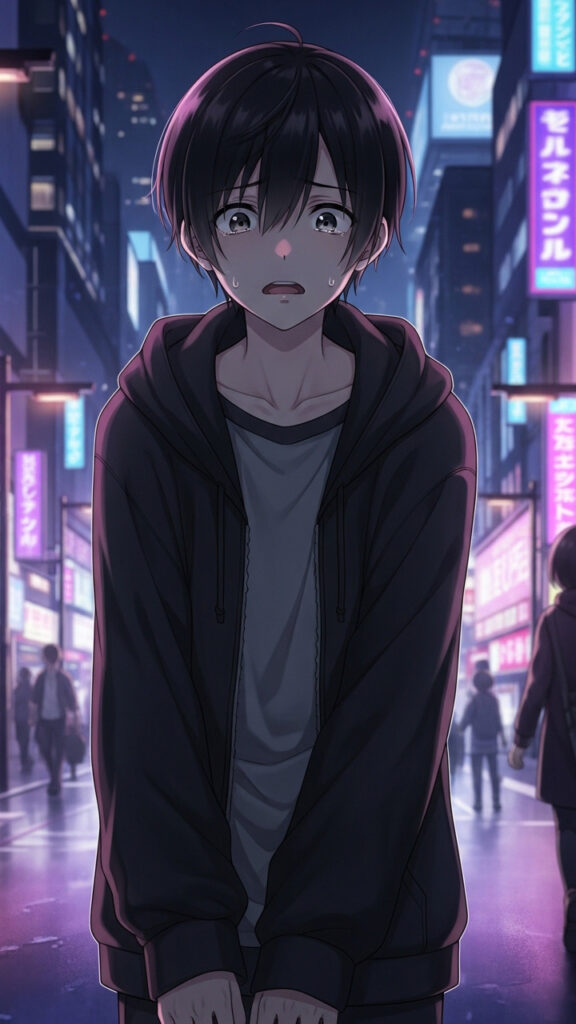 Sad Anime Boy Night City Wallpaper