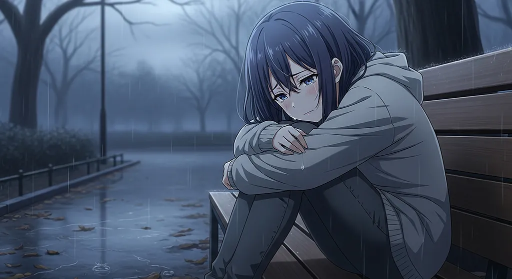 Sad Anime Girl Alone in Rainy Park Wallpaper