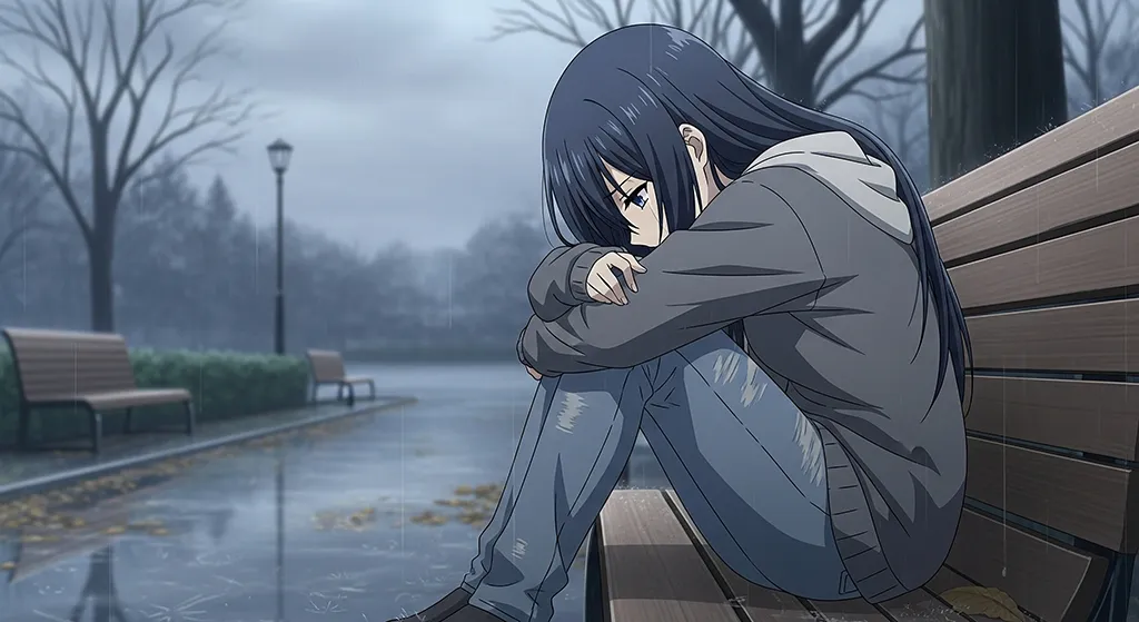 Sad Anime Girl Hugging Knees in Rain Wallpaper
