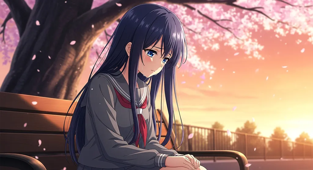 Sad Anime Girl Under Sakura Sunset Wallpaper