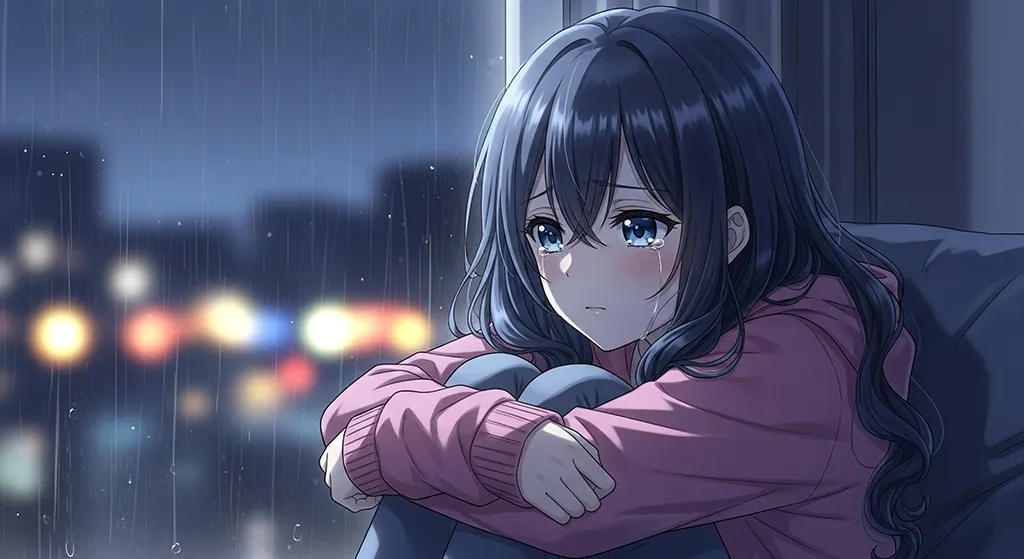 Sad Anime Girl Watching Rainy Window Wallpaper