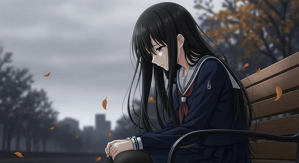 Sad Anime Girl on Rainy Park Bench Wallpaper
