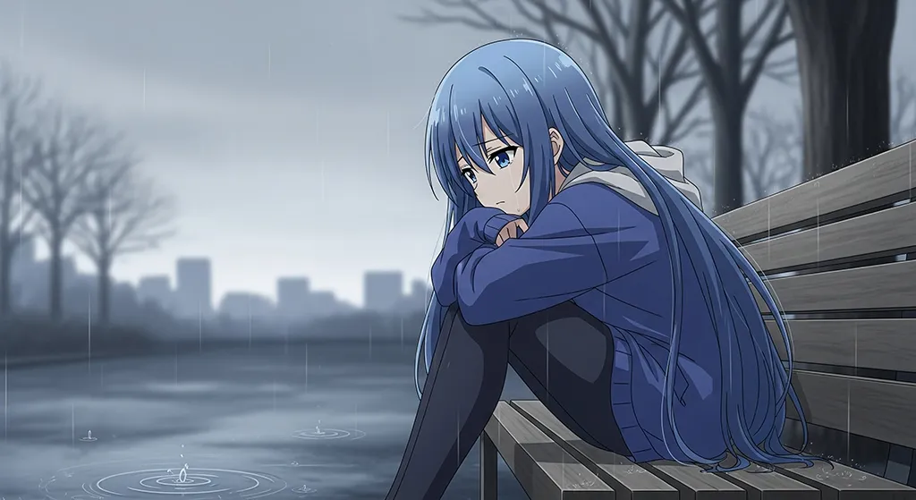 Sad Blue Haired Anime Girl Rainy Lake Wallpaper