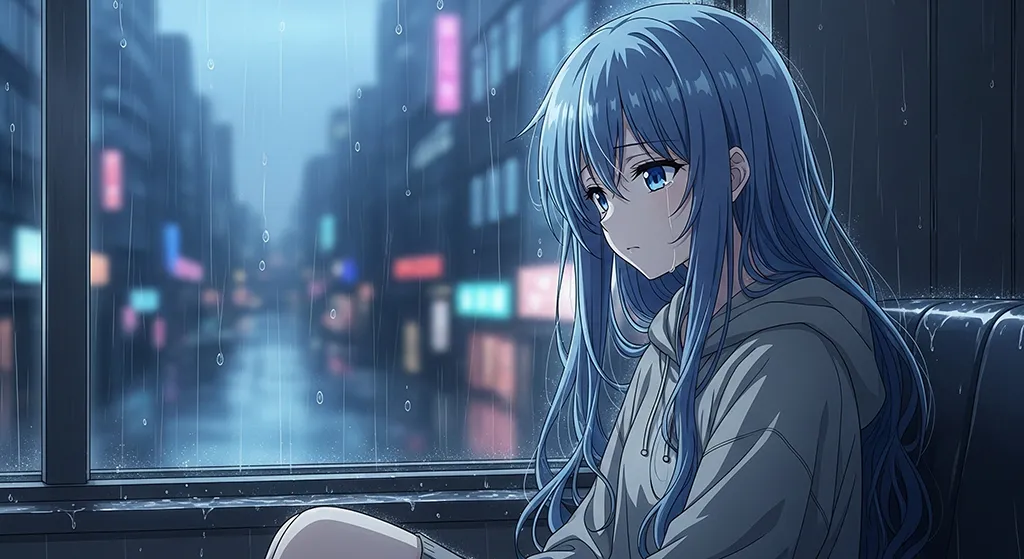 Sad Blue Haired Anime Girl Rainy Window Wallpaper