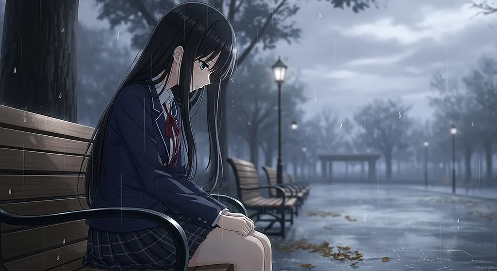 Sad Schoolgirl on Rainy Park Bench Wallpaper