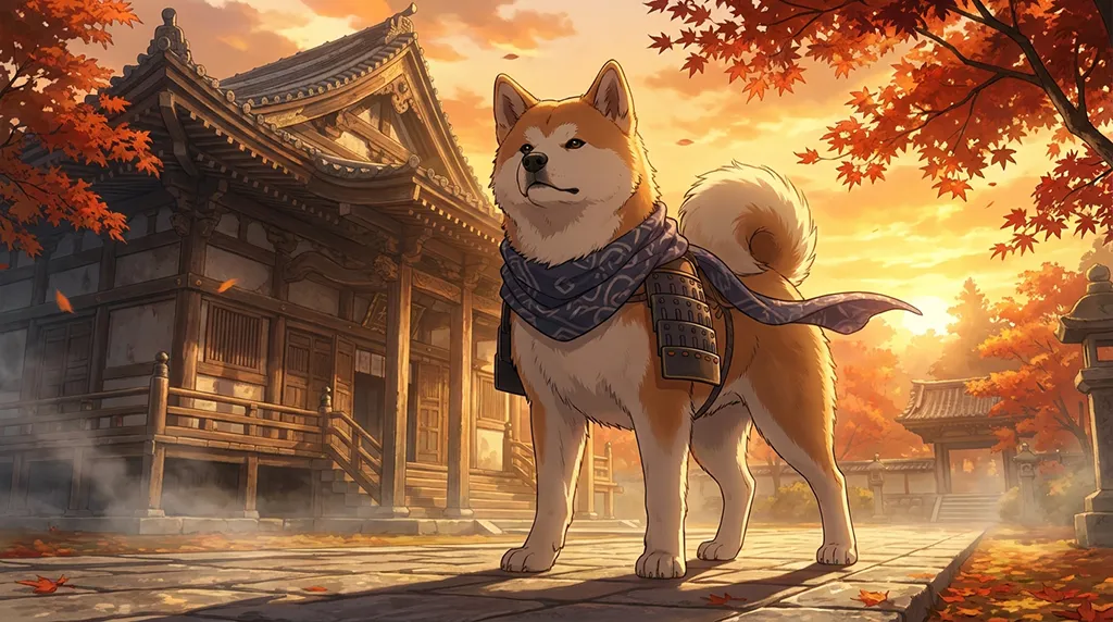 Samurai Shiba Inu Autumn Temple Anime Wallpaper