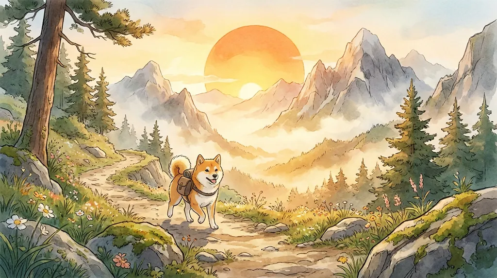 Shiba Inu Mountain Trail Sunrise Anime Wallpaper