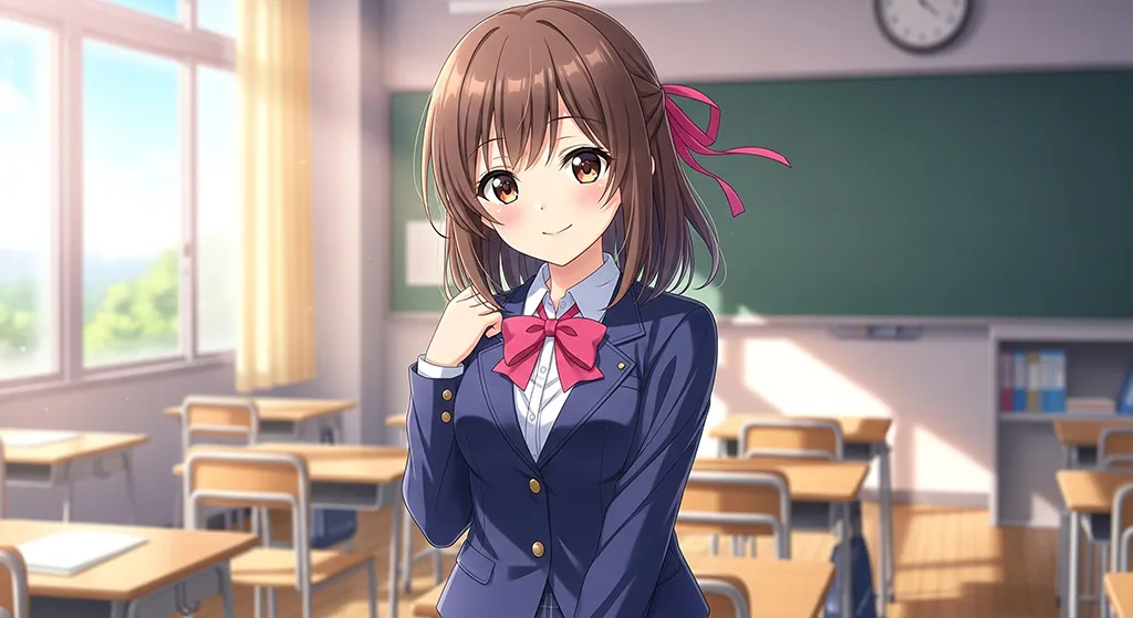 Smiling Anime School Girl Classroom Wallpaper