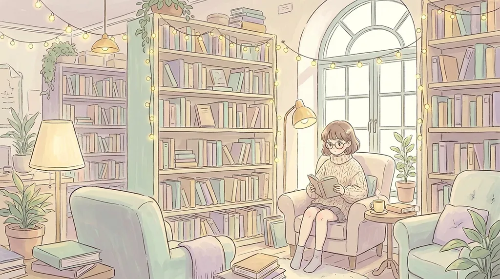 Soft Anime Cozy Library Reading Room Wallpaper